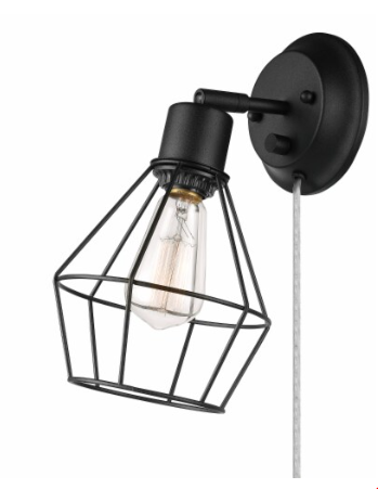Evans 1-Light Plug-In or Hardwire Wall Sconce, Matte Black, 6-Foot Black Fabric Cord