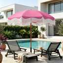 Tobeos 7FT Patio Umbrella with Fringe, Outdoor Tassel Umbrella with Fiberglass Ribs, Boho Beach Umbrella, Push Button Tilt and Carrying Bag, UPF50+, Rose Pink
