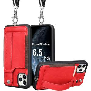 TOOVREN Phone Cover for iPhone 11 Pro Max Wallet Case with Card Holder PU Leather Kickstand Fits iPhone 11 Pro Max Case with Strap Stand Adjustable Detachable Lanyard 6.5 Inch 2019 Red