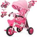JMMD 8 in 1 Tricycle Stroller with Push Handle, Foldable Trike with 360 Swivel Seat, Reclining Backrest, All-Terrain Wheels, Dual Brakes, Canopy & Storage, Gift for Kids 18 Months to 5 Years, Pink