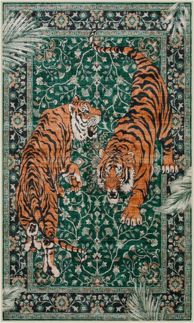 Moynesa Tiger 3x5 Washable Rug, Boho Area Rugs for Entryway, Green Non Slip Small Rug for Bedroom, Ultra Thin Botanical Soft Accent Carpet for Kitchen Entry Laundry Room