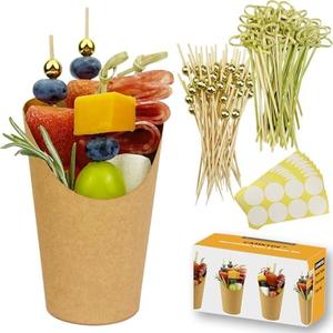 CAMKYDE 50 Charcuterie Cups + 200 Cocktail Picks + 56 Labels, 12 oz Disposable Charcuterie Cups with Sticks (2 Types), French Fry Cup Brown Paper Appetizer Cup for all Occasions