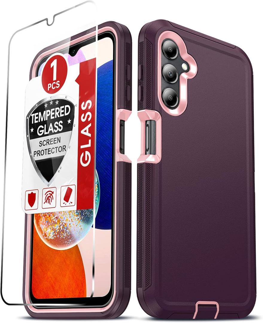 LeYi Compatible for A14 5G Case: Samsung A14 5G Case with [1 Pack] Tempered Glass Screen Protectors, 3 in 1 Full Body Shockproof Rubber Dustproof Rugged Defender Phone Case A 14 5G, Wine Red/Pink