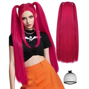 Rose Red Pink Wig with Bangs Long Straight Hot Pink Cosplay Wigs with 2 Ponytails Red Anime Wigs for Singers Cosplay Halloween Costume Outfit Party+Hair Cap
