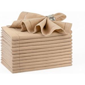 Palisa Beige Cotton Napkins Set of 12 | Premium Hemstitch Detailing Cloth Dinner Napkins 18x18 Inch | Soft Washable & Reusable Table Napkins for Everyday Use Weddings Parties Restaurants & Hotels