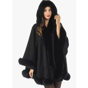 Poncho-Fur-Coat-Cape-Faux Fur-Ruana-blanket-Caplet-Wrap-Shrug-Sweater-dress shawl (Black Wool blend cape with faux fur trim) XL