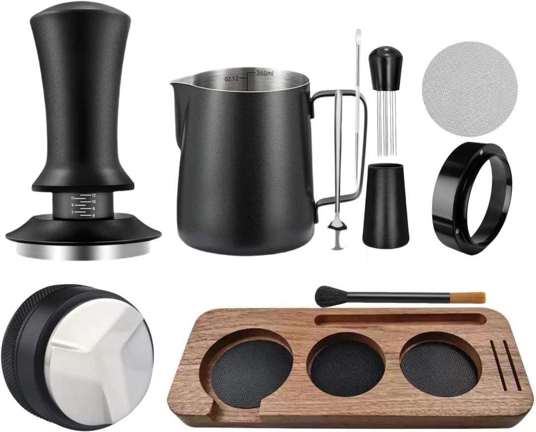 58mm Espresso Accessories 10 PCS - WDT Tool Kit Coffee Tamper with Wood Espresso Tamping Station Frothing Pitcher, Distributor, Stirrer, Dosing Funnel, Brush, Puck Screen Latte Art Pen (Black Silver 3)