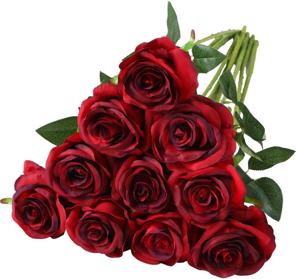 Nubry Artificial Silk Rose Flower Bouquet Lifelike Fake Rose for Wedding Home Party Decoration Event Gift 10pcs (Red)