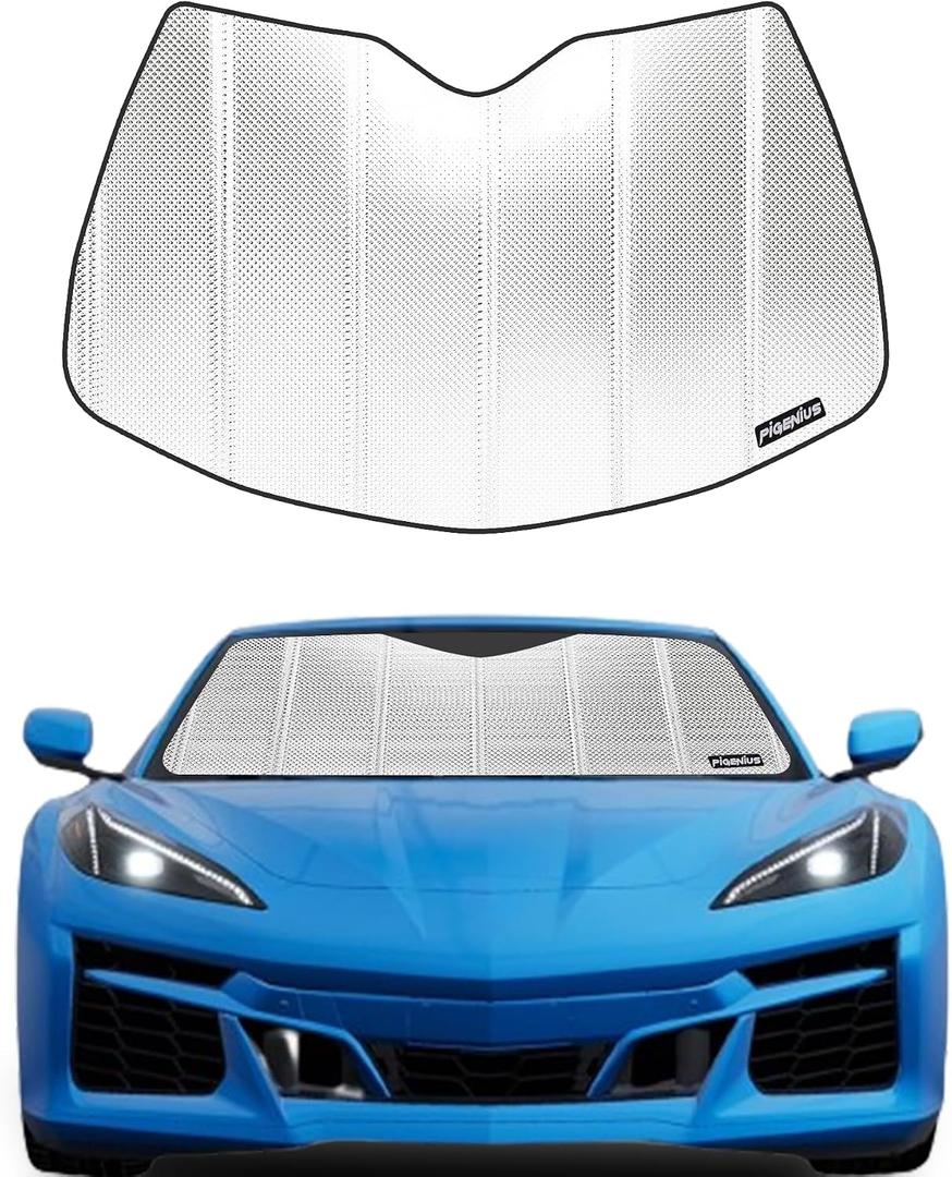 Pigenius Windshield Sun Shade for Chevy Corvette C8 2020-2026. Reflective Aluminum Film Front Window Sunshade - BLAZBLOCK