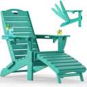 Ciokea Folding Adirondack Chair with Retractable Ottoman Fire Pit Patio Chair with Pull Out Foot Rest Weather Resistant Lawn Outdoor Lounge Chair with 2 Cup Holder (Lake Blue)