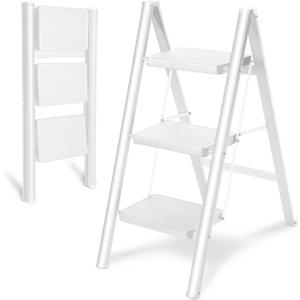 3 Step Ladder Folding Step Stool, OOSOFITT 330 Lbs Load Heavy Duty Step Ladders, Small Kitchen/Closet Stepping Stool for Adults, Lightweight Foldable Indoor Ladders for Home with Wide Pedal White