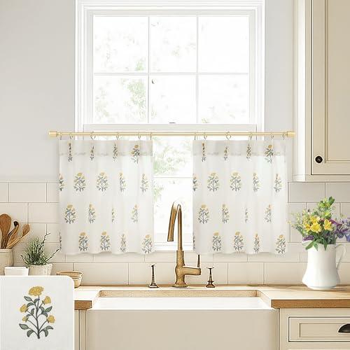 Yellow and Green Kitchen Curtains,Cottage Core Wildflower Meadow Floral French Country Bright Colorful Sunflower Theme Curtains for Bathroom Window, 24 x 18