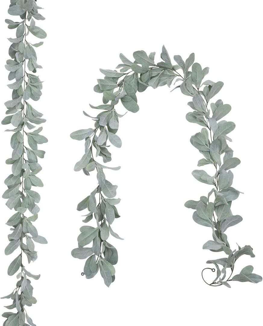 SHACOS 2 Pack 12 Ft Artificial Flocked Lambs Ear Garland Green Leaves Vines Faux Lambs Ear for Mantle Wedding Home Party Decor DIY Floral