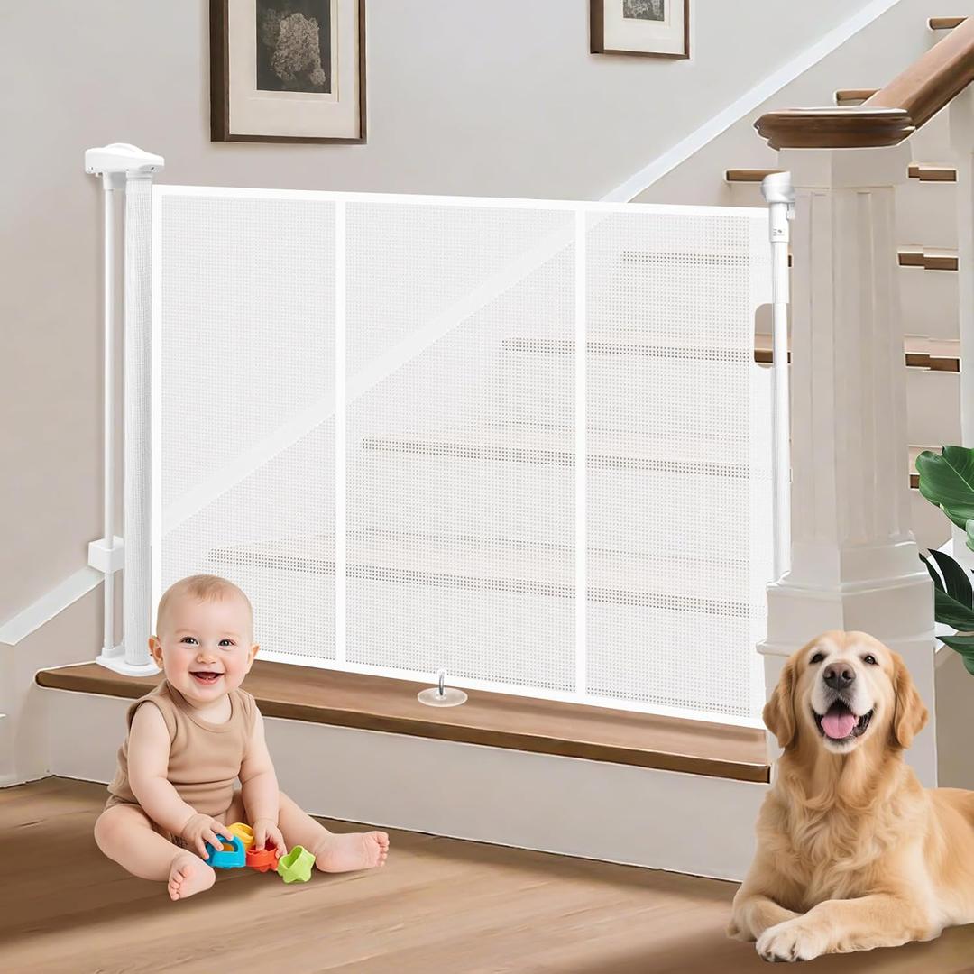 Retractable Baby Gates for Stairs, 55" Wide Retractable Dog Gate Pet Gate, 34" Extra Tall Child Safety Gate Toddler Mesh Gate with Support Rods for Doorways, Hallways, Deck, Porch, Indoor, Outdoor