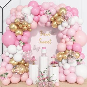 Ouddy Life 157 Pcs Pink and White Balloons Arch Kit, Pink Gold Birthday Decorations for Women Girls, Pastel Pink Chrome Gold Latex Balloon Valentines Day Wedding Party Gender Reveal Anniversary