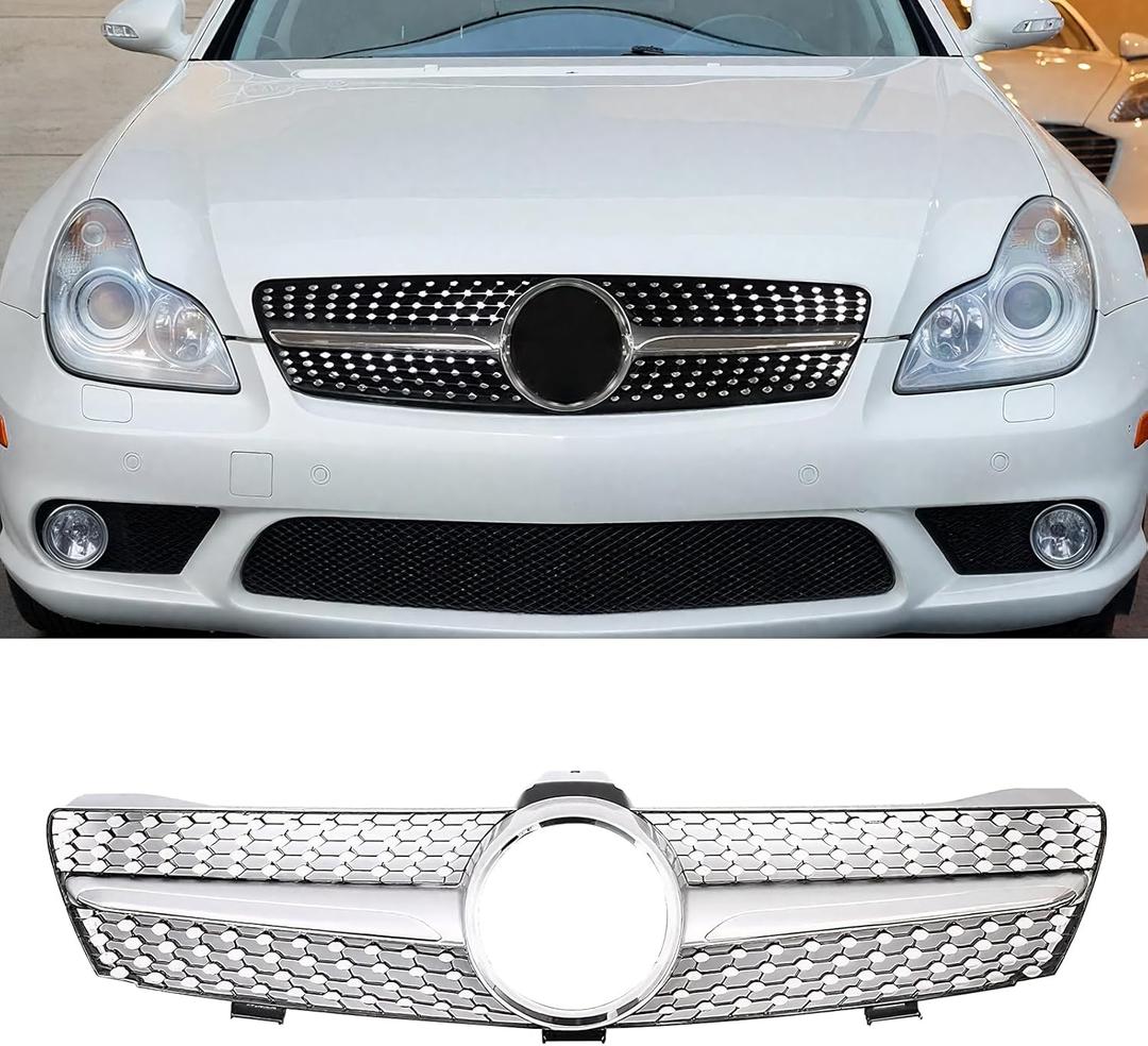 Front Grill Grille for 2005-2008 Mercedes Benz W219 CLS-Class CLS350 CLS500 CLS550 CLS63 AMG CLS55 AMG Sivler Front Bumper Grill Direct Fit Replacement ABS Plastic No Modification Required