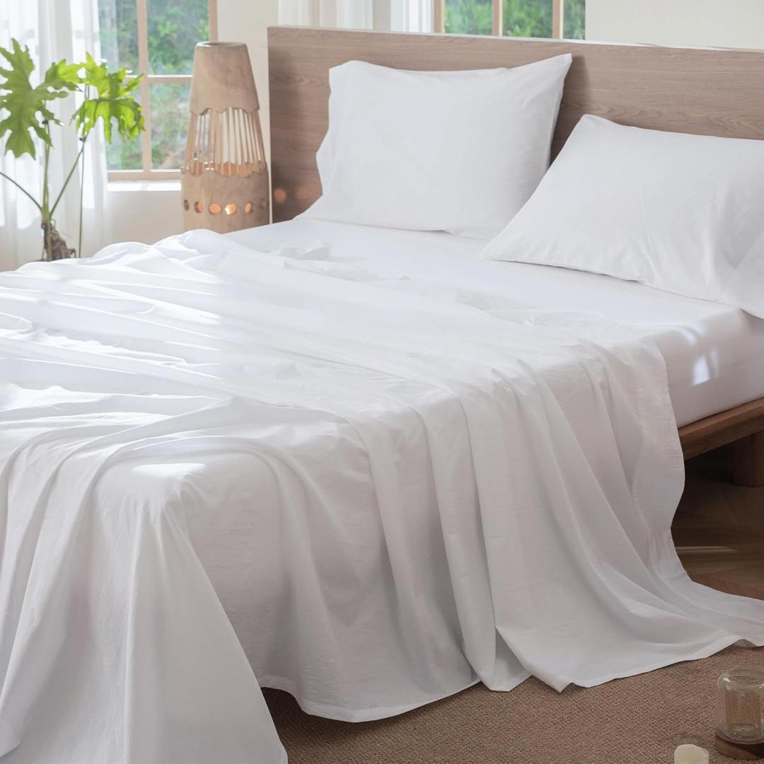 MooMee Flat Top Sheet Only 100% Washed Cotton Linen Like Textured Breathable Durable Soft Comfy (Bright White, Queen)