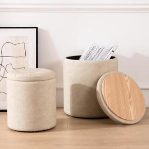 Faux Leather Round Ottoman with Storage Set of 2, Button Tufted Ottoman Foot Stools, 14.76"L x 14.76"W x 17.32"H, Small Boucle Coffee Table Footstool with Removable Lid for Living Room, Bedroom, Beige