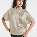 D-Sun Women's Casual Button Down Shirts Oversized Short Sleeve Stand Collar Tops Trendy Work Blouses (Beige, L)