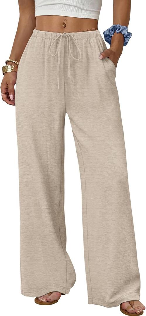Sampeel Wide Leg Pants for Women Flowy Palazzo Drawstring Elastic Waist Trousers with Pockets Summer Beach Vacation Clothes, Small