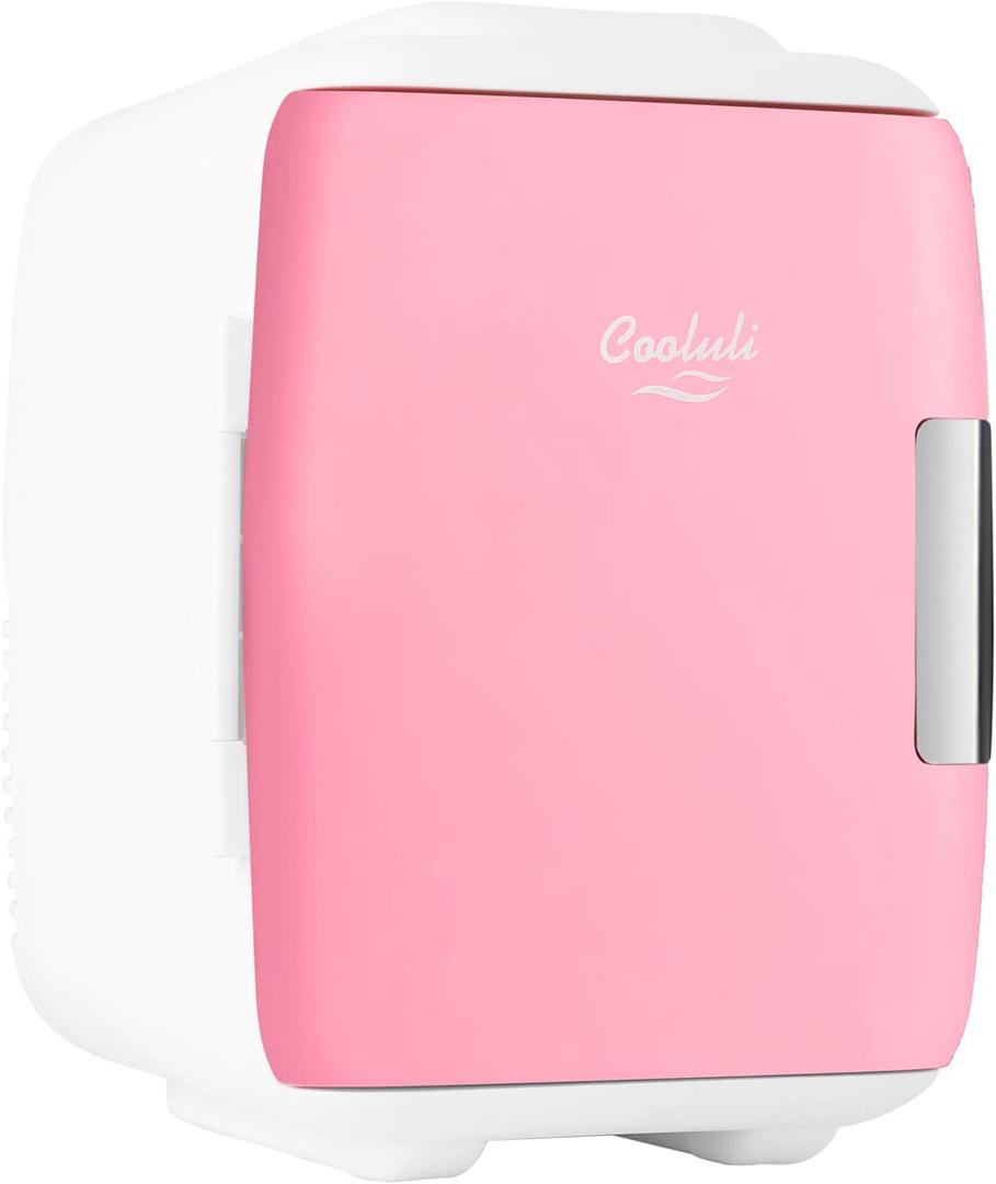 Cooluli Mini Fridge for Bedroom - Car, Office Desk & Dorm Room - Portable 4L/6 Can Electric Plug In Cooler & Warmer for Food, Drinks, Skincare Beauty & Makeup - 12v AC/DC & Exclusive USB Option, Pink