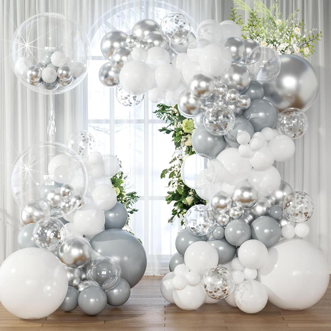 White Silver Balloon Arch Kit Garland with Grey Clear Balloons for Birthday Winter Wonderland Baby Shower Bridal Shower Engagement Wedding Anniversary Party Decorations