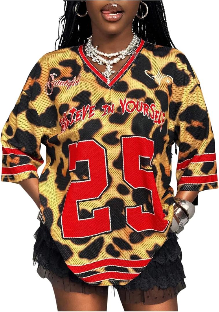 SOLY HUX Women's plus size Leopard Print Football Jersey Shirts Size 1XL