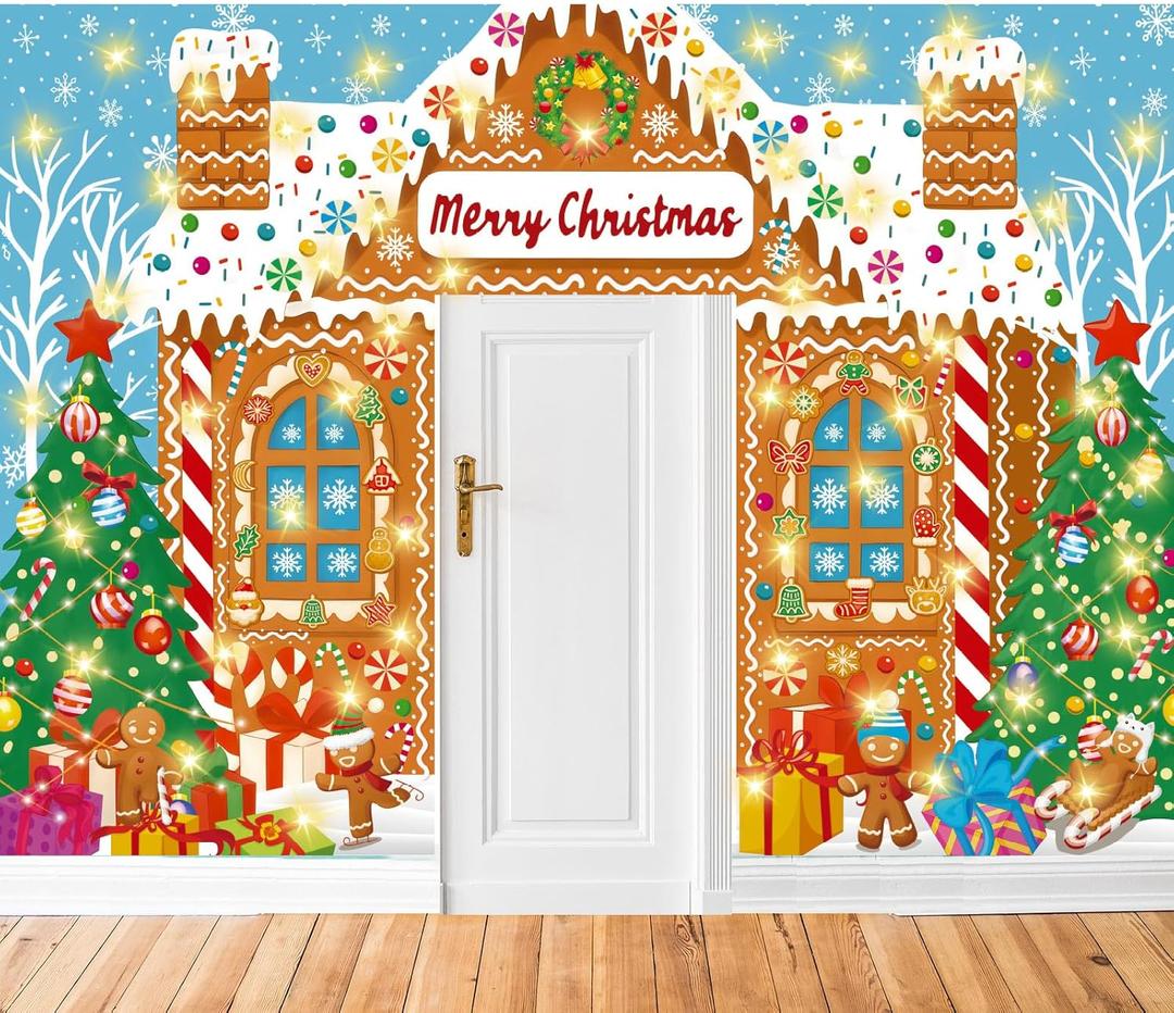 3 Pcs 157 Inch Christmas Gingerbread House Door Covers Decorations for Classroom Large Gingerbread Door Banner with String Light Xmas Candy Porch Sign for Holiday Party Home Decor
