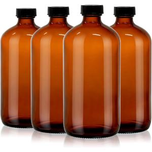 4 Pack 32 oz Amber Glass Boston Round Bottles with Phenolic Polycone Caps Airtight, Leak-Proof Brown Bottles for Kombucha Brewing, Essential Oils, Storing Condiments, and Homemade Solutions