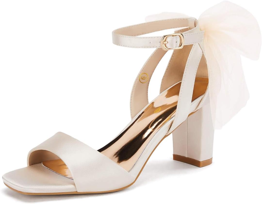 Coutgo Women's Bow Tie Heeled Sandals Chunky Heels One Strap Satin Ankle Buckle Dress Wedding Shoes (8, Champagne)