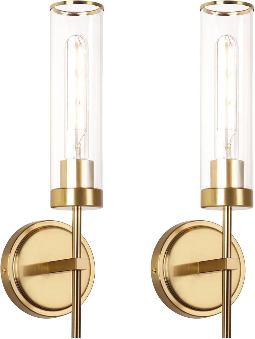 Wall Sconces Set of Two,Modern Bathroom Sconces Wall Lighting 16" 60W Brushed Gold Sconces Wall with Clear Glass Shade for Living Room Corridor Mirror Bedroom Stairs (Hard Wired, Gold-Hard Wired)