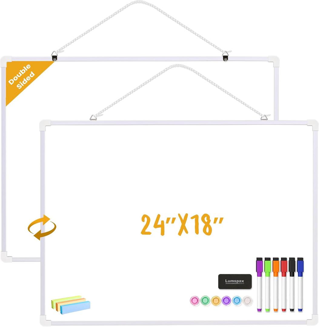 Dry Erase Board for Wall, 24" x 18" Double-Sided Hanging Magnetic Whiteboard with 6 Markers, 6 Magnets and 3 Mini Sticky Notes, Large White Board for School, Home, Office