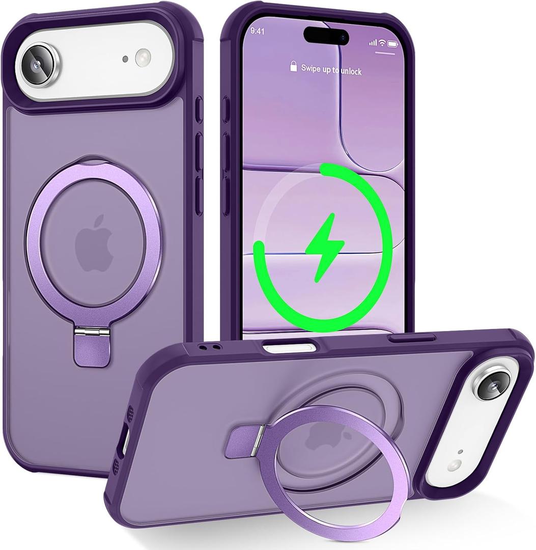 Magnetic Compatible with iPhone Air Case with Stand [Military Grade Drop Tested][Compatible with Magnet] Ring Translucent Slim Hard Back Soft Edge 17 Air Phone Case, Purple