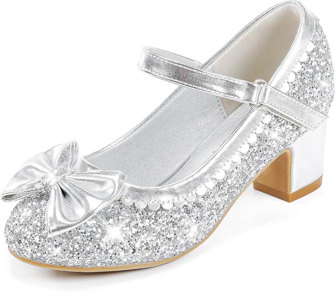 Princess Shoes High Heel Toddler Girls Dress Shoes Cute Bowknot Sparkle Mary Jane Flower Girls Wedding Birthday Party Prom for Little Big Kids (Silver Sequins)