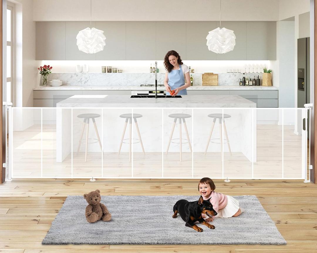 19.7ft Retractable Baby Gates Dog Gate - 236" Extra Wide Expandable Child Safety Gate,37" Tall Toddler Pet Mesh Gate with Reinforced Strips for Doorways,Stairs,Hallways,Outdoor & Indoor Large Openings (White)