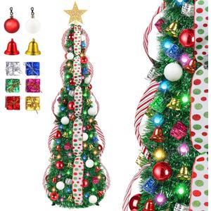5 FT Collapsible Pop Up Christmas Tree, Pre Lit Pencil Christmas Tree with Multi Color Change Lights and DIY 63 Ornaments, Pre Decorated Artificial Tree with Xmas Decor Home Indoor Party (Green)
