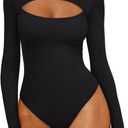 REORIA Women's Mock Neck Cutout Front Bodysuit Trendy Going Out Long Sleeve Body Suits Tops Fall Outfits 2025 (Medium, Black)