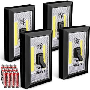 LED Night Light Switch, 12 Total Batteries Included, 200 Lumen Wireless COB LED Switch Light, Under Cabinet, Shelf, Closet, Garage, Kitchen, Stairwell and Emergency, Battery Operated, 4 Pack Black