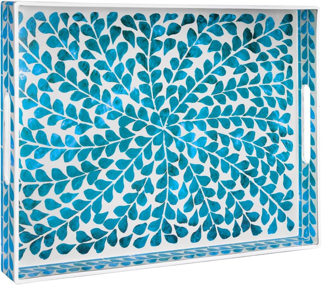 MAONAME Blue Decorative Tray, Plastic Serving Tray with Handles, Leaf Pattern Sticker Trays, Rectangular Trays for Living Room, 15.7" X 10.2" X 1.57"