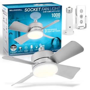 Bell+Howell Socket Fan Light 2-in-1 LED Ceiling Fan with Remote, 1000 Lumens, 3 Fan Speeds & 3 Light Settings, White