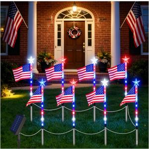 4th of July Decorations Outdoor American Flag Lights, 8-Pack Solar Powered Pathway Lights with USA Flags and LED Stars, Red White and Blue Patriotic Yard Decor