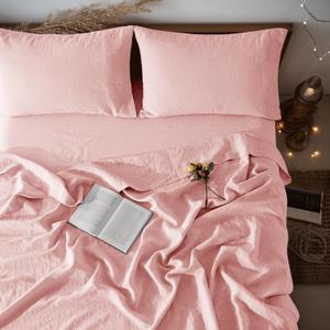 LBRO2M 100% Linen Sheet Set 16" Deep Pocket Full Size,Bed Sheets 4 Piece Sets,Solid Color Natural Flax Bed Sheets Soft Breathable Bedding, All Season (Full, Blush Pink)