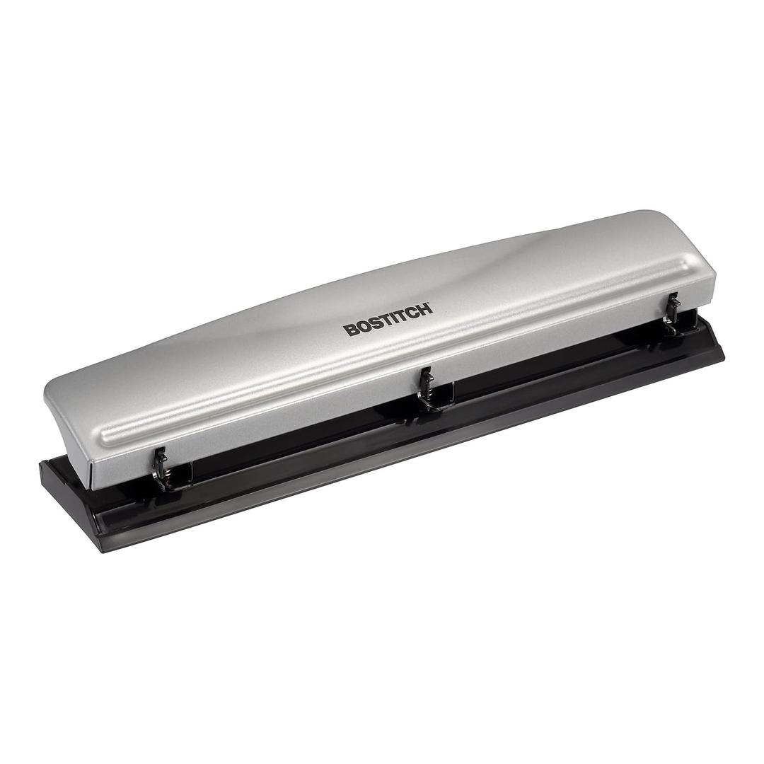 Bostitch Office Premium 3 Hole Punch, 12 Sheet Capacity, Metal, Rubber Base, Easy-Clean Tray, Silver Bostitch Office Premium 3 Hole Punch, 12 Sheet Capacity, Metal, Rubber Base, Easy-Clean Tray, Silver