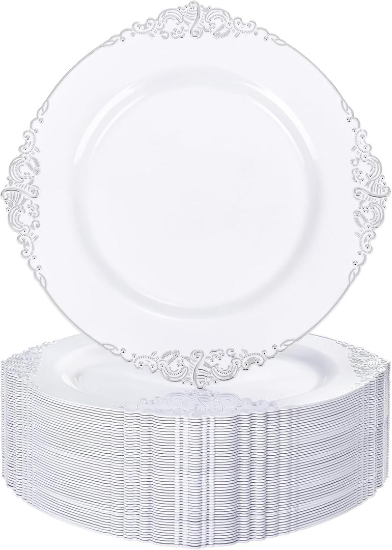 Nervure 100PCS White and Silver Plastic Plates - 10.25Inch Silver Disposable Plates - Heavyweight Dinner Plates for Wedding & Party & Holiday