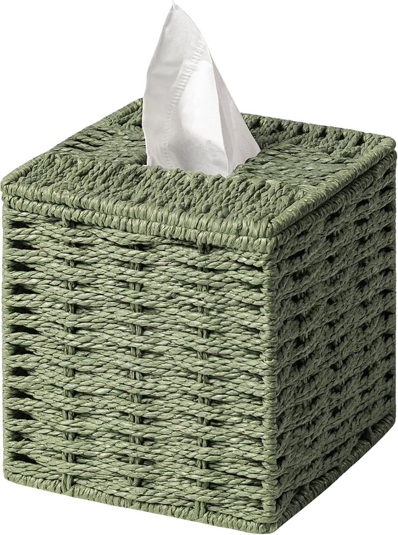 Sage Green Tissue Box Cover, Paper Rope Hand Woven Square Tissue Box Holder for Home Decor, Bathroom Countertop, Office, Bedside Table
