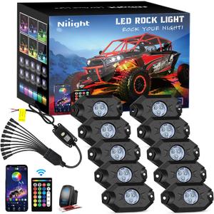 Nilight RGB LED Rock Lights Kit 10 Pods Underglow Multicolor Neon Pod with Remote & Bluetooth App Control DIY Flashing Music Mode Wheel Well Light for Truck ATV UTV RZR SUV