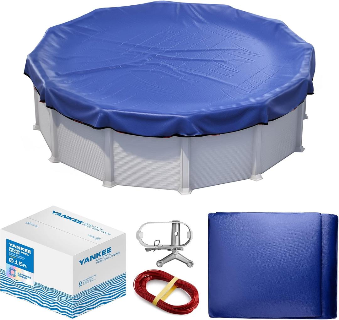 Winter Pool Cover 15 ft Round for Above Ground | Extra Thick & Durable Above-Ground Pool Cover | Sapphire Series of Premium Cold- and UV-Resistant Pool Cover | by Yankee Pool Pillow (Blue)
