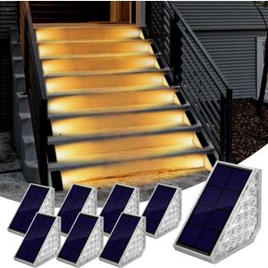 Solar Step Lights Outdoor Waterproof IP68, 8 Pack Solar Powered Stair Light with 14 LEDs, 3000K, Triangle Solar Deck Light for Outside Porch Front Door Walkway Patio Backyard, Warm White (Regular Version)
