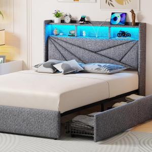 Driftalia Full Size Bed Frame with 4 Storage Drawers, Upholstered Full Bed Frame with LED Lights Headboard and Charging Station, No Box Spring Needed, Easy Assembly - Light Grey