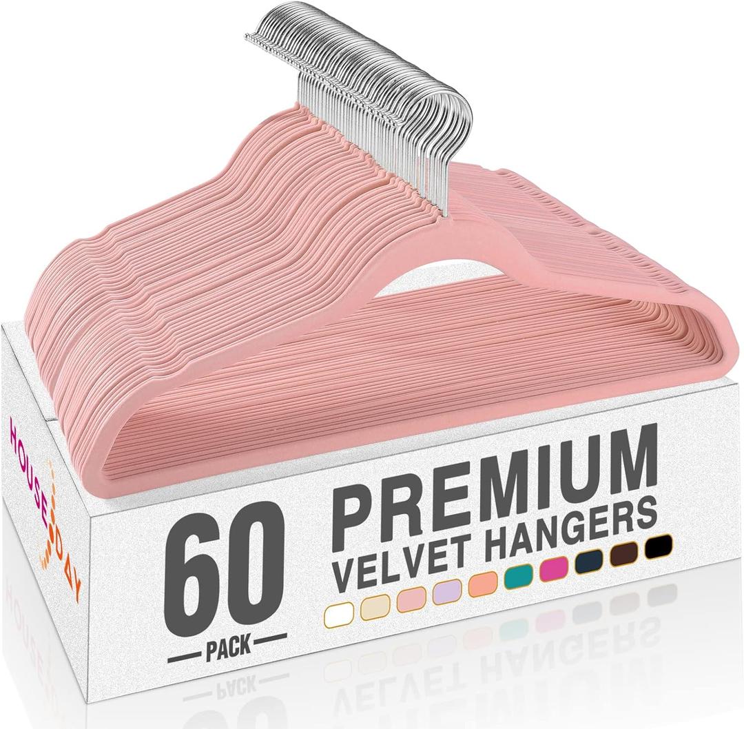 HOUSE DAY Lt Pink Velvet Hangers 60 Pack, Non Slip Clothes Felt Hanger Heavy Duty for Coat, Premium Slim Space Saving Suit Hangers for Closet Organizer, 360 Rotating Silver Hook